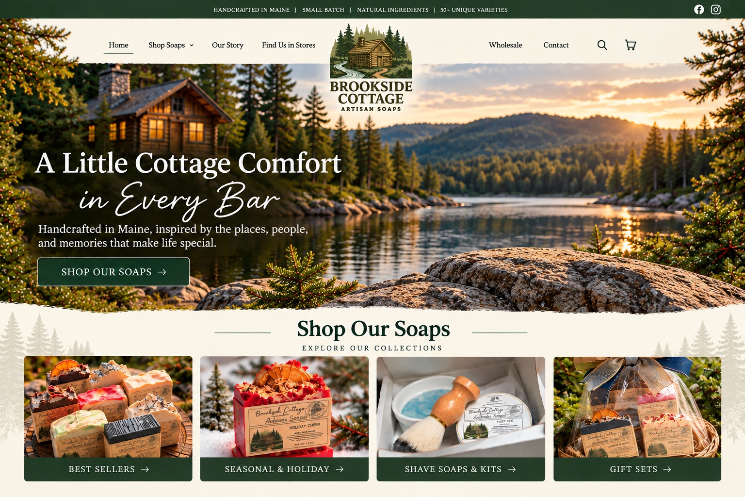 Approved Brookside Cottage homepage design with woodland cottage, lakeside rocks, and four soap collection cards