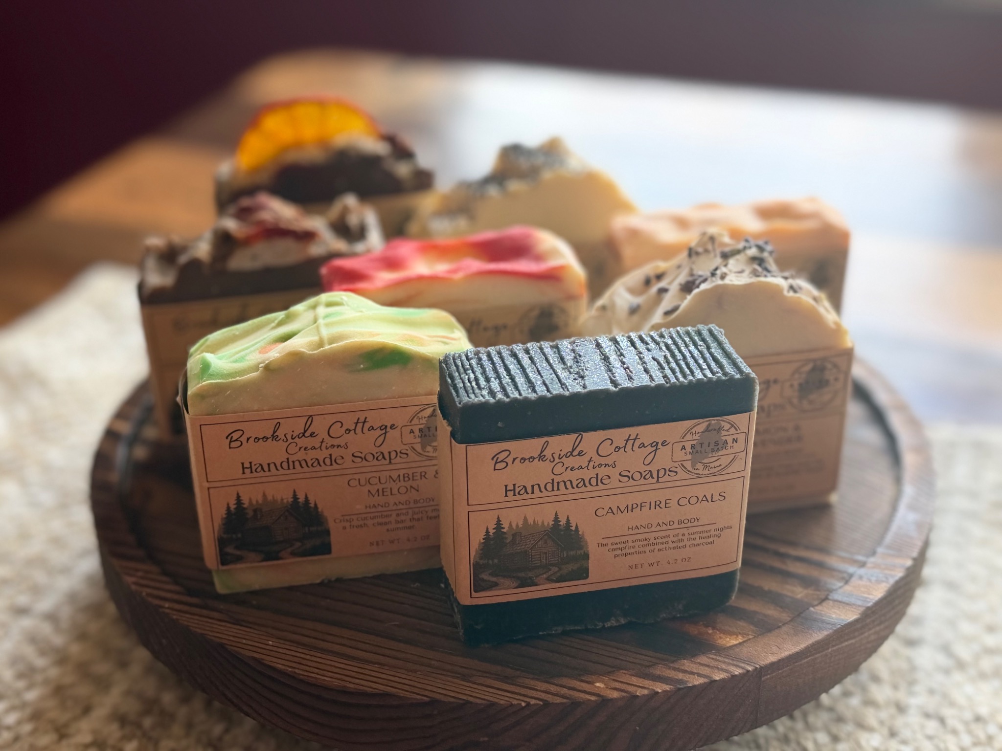 Original Brookside Cottage soap collection on wooden tray